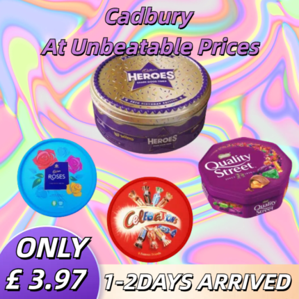 Pack of 4 includes Mars Celebrations Chocolate Bar Tubs (1.21 Pound), Nestle Quality Street (600g), Cadbury Heroes Tin (800g), and Cadbury Roses Tub (550g)