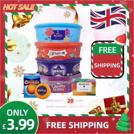 Assorted Christmas Chocolate Tubs Selection – Pack of 5 – Bulk Buy of Roses, Heroes, Quality Street, Celebrations Chocolate Pralines & 1 Terry’s Orange Chocolate with Topline Card for Chocolate Gifts